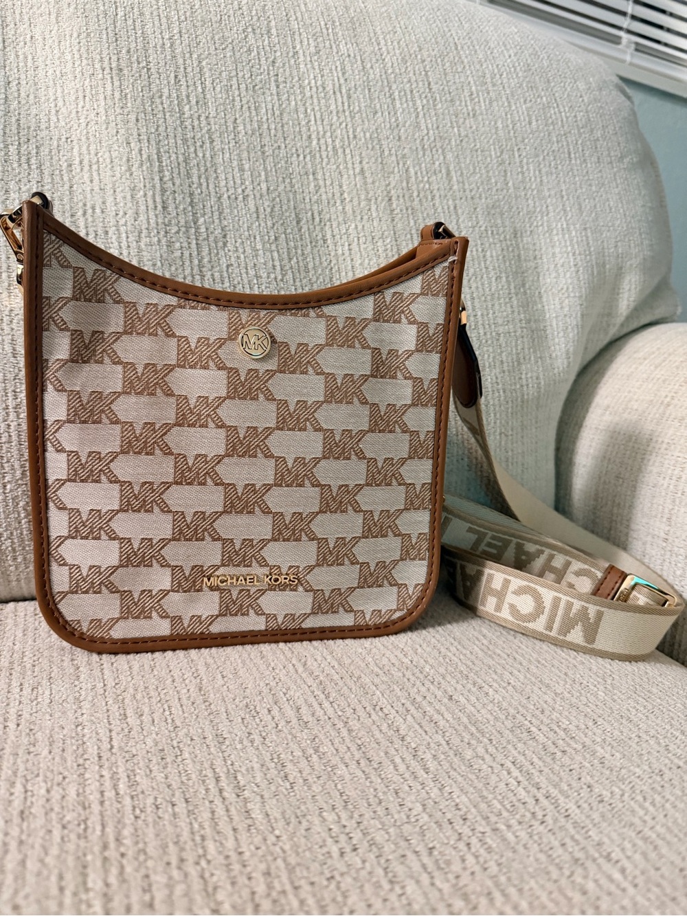 Michael Kors Beige and Brown MK Logo Crossbody Bag
